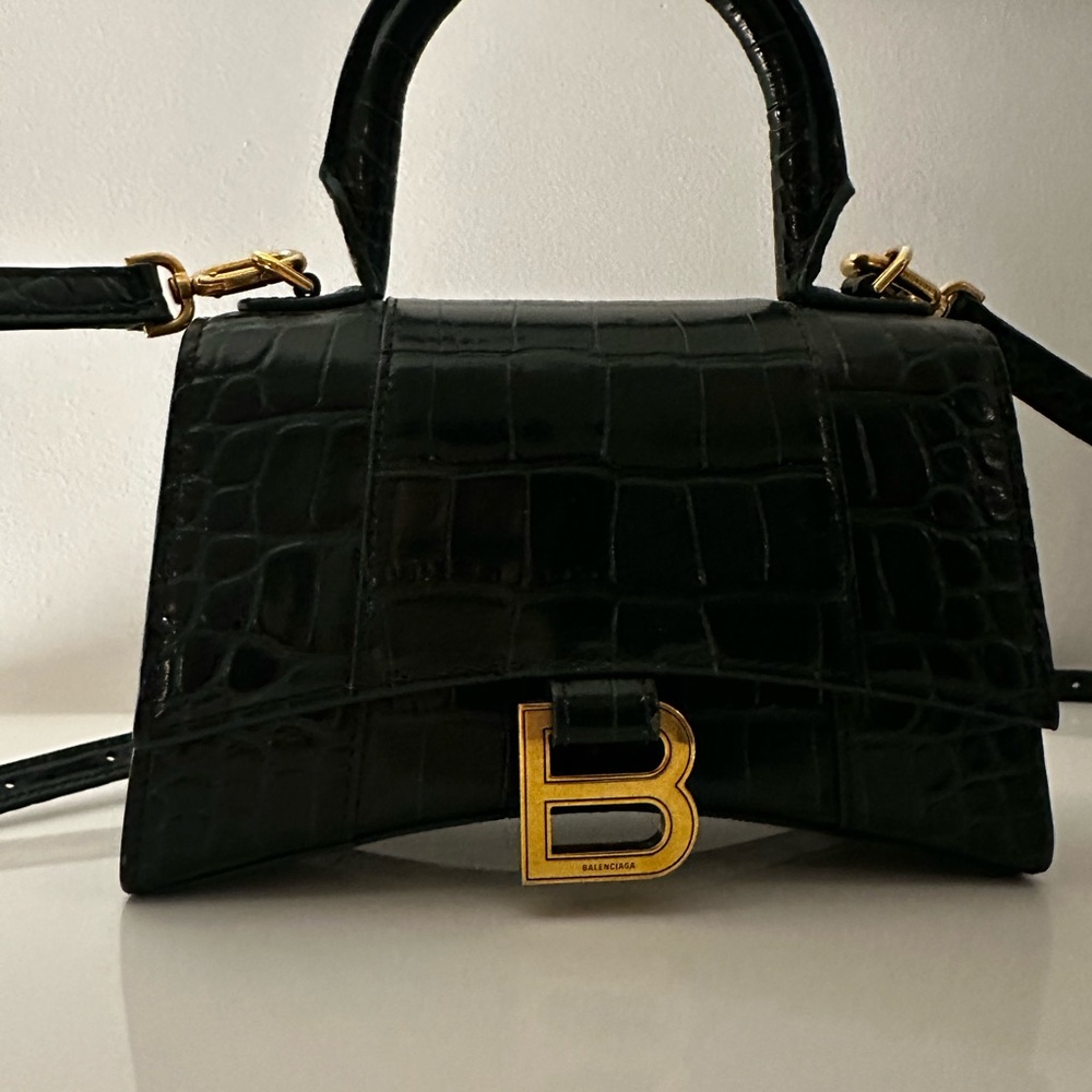 Balenciaga Green Croc-Embossed Top Handle Satchel with Gold 'B' Logo